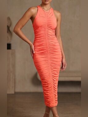 Hot & Delicious Coral Pink Ruched Racerback Bodycon Mini Dress HGD6436 Small NEW